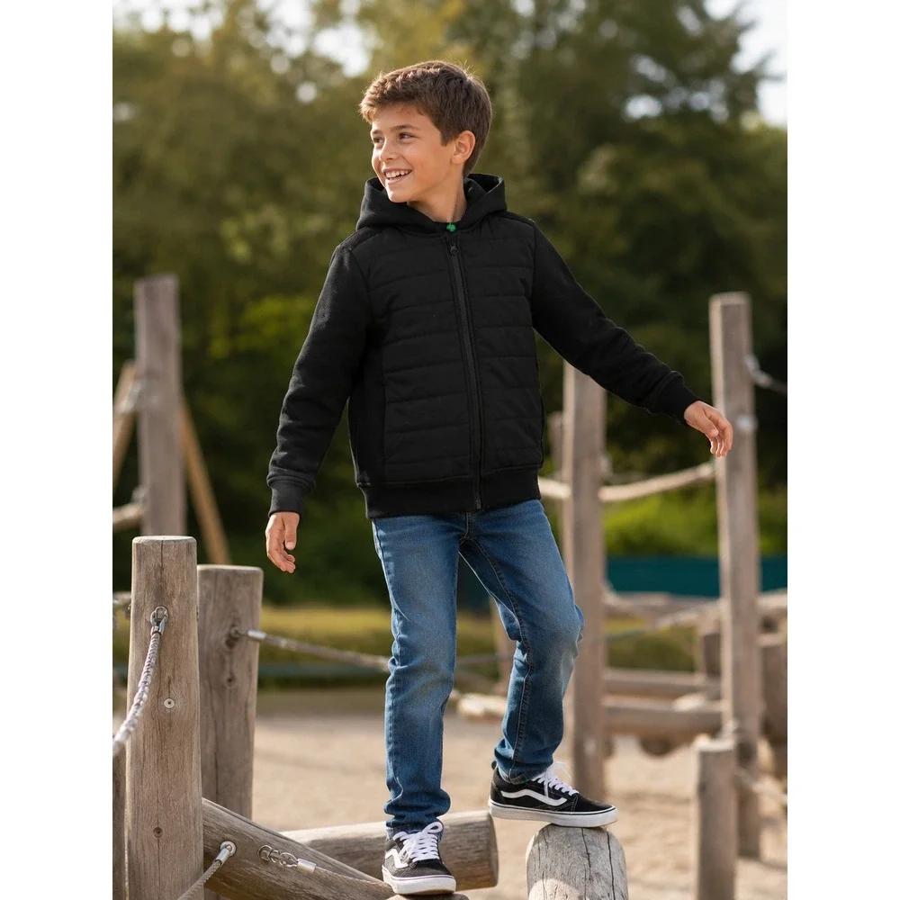 Dip Kids Black Hybrid Quilted Puffer Zip Up Hoodie Fleece Lined Jacket Size‎ 10